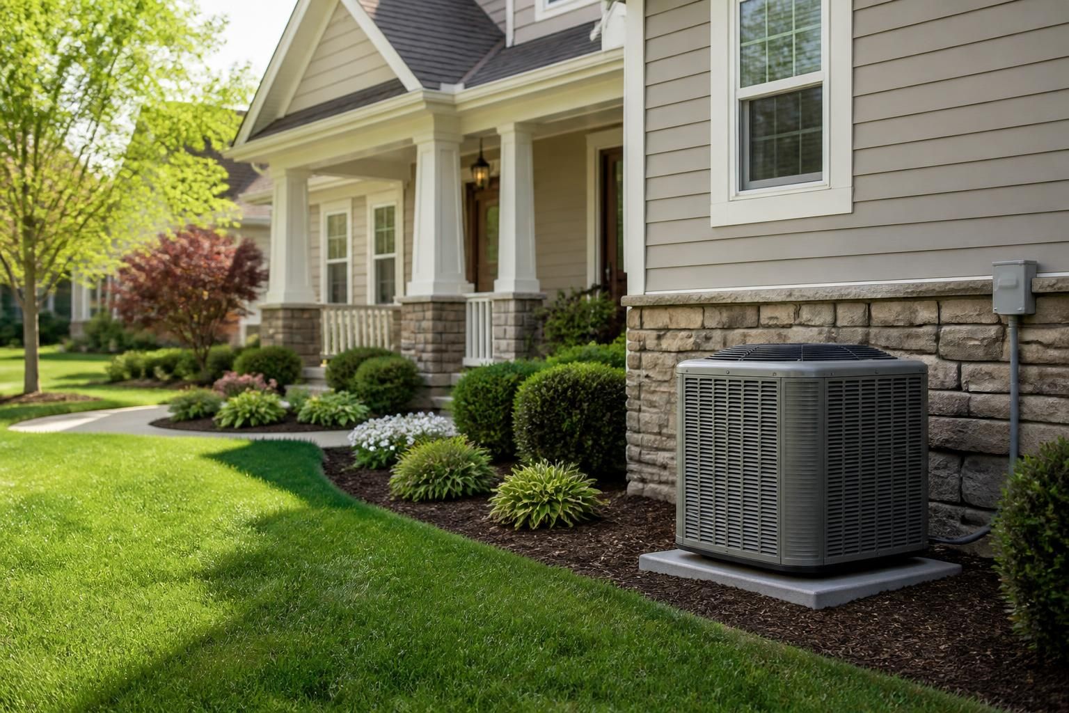 Suburban home exterior with a clean HVAC unit in the yard.